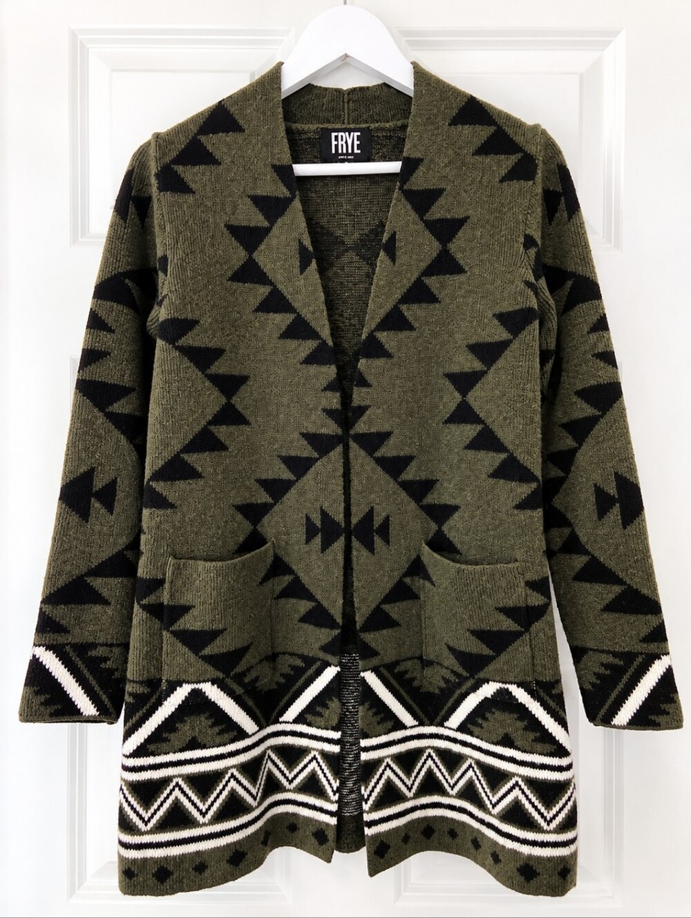 Frye The Cozy Cardigan Olive Southwestern Geometric Western Boho S
